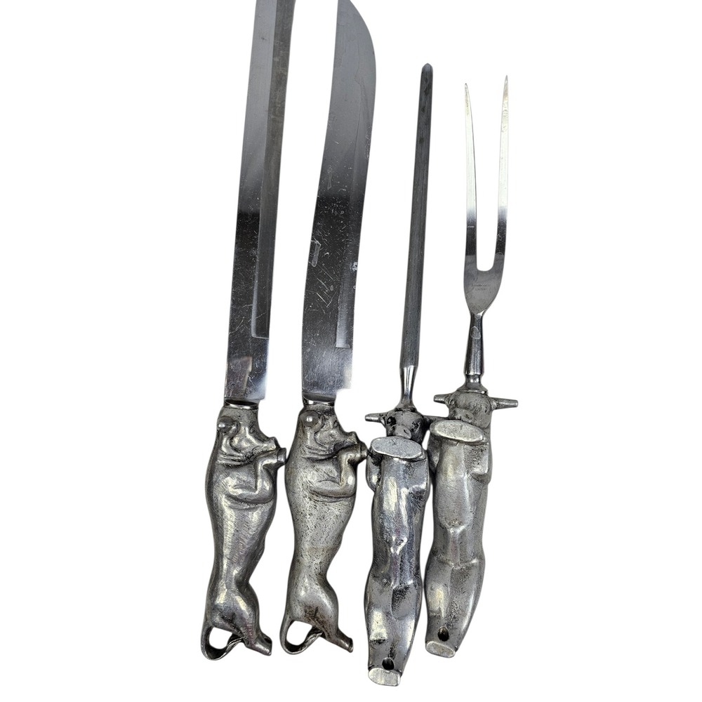 Vintage Bruce Fox Solingen Germany Bull Steer Carving Set 4pc Chrome Steel MCM